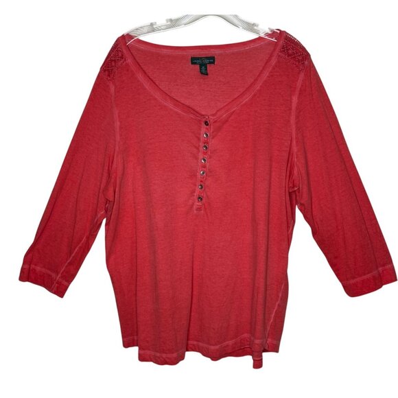 LRL Lauren Jeans Co. Womens Henley Top Red Mineral Wash Lace Shoulder Size 2X - Picture 1 of 6